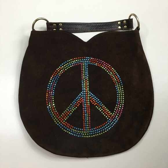 TAMMI LYN Dark Brown Suede Multi Color Sequin Peace Sign Hobo Bag Purse Handbag - Picture 1 of 14